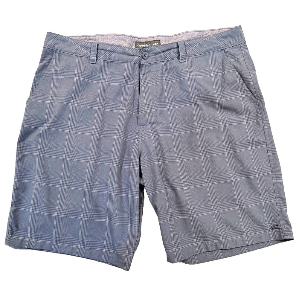 O'Neill Mens Shorts 40 Gray Plaid Chino Walk Shorts Flat Front Stretch Casual